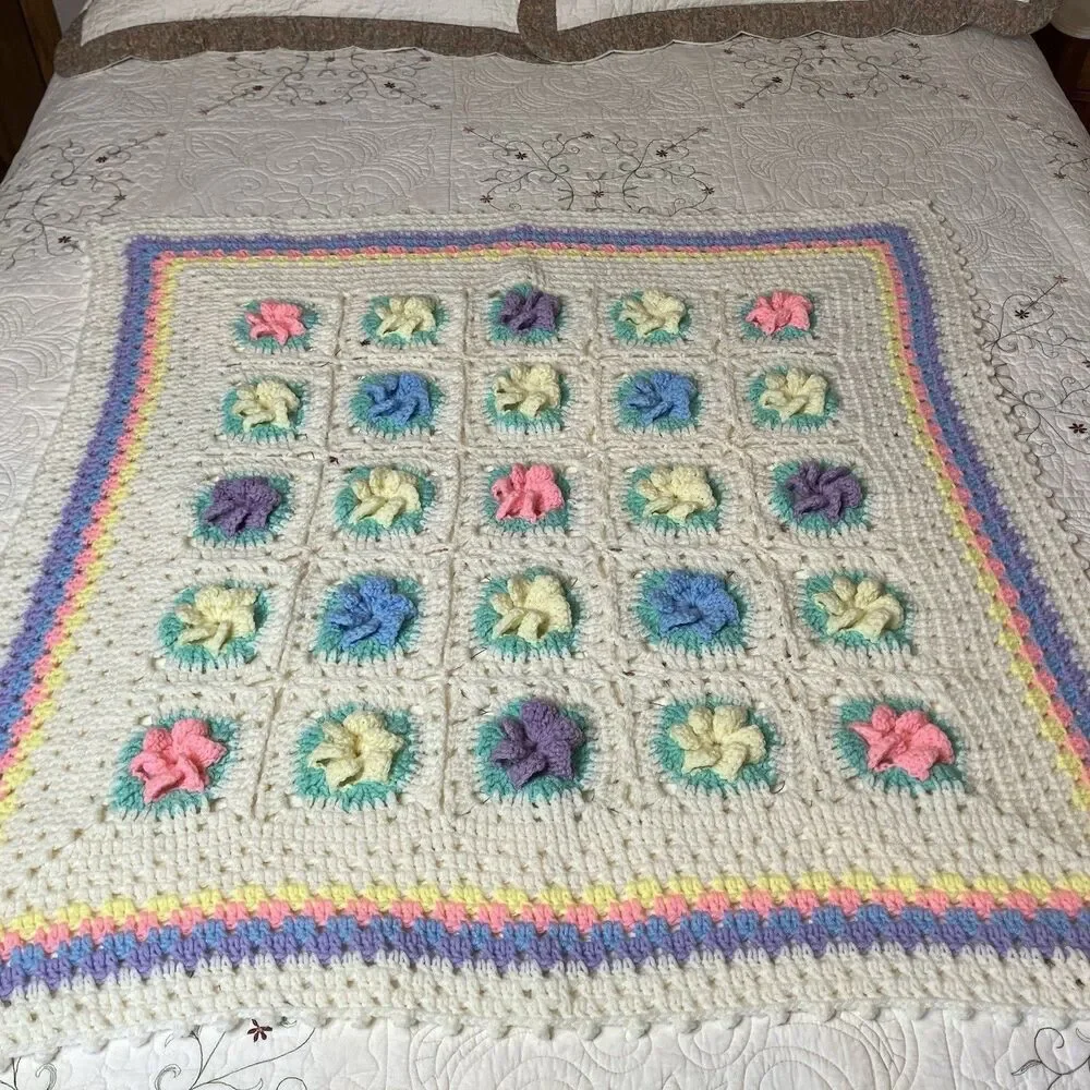 Vtg Handmade Crochet Granny Blanket Afghan Baby Spring Pastel 3D Roses Flowers